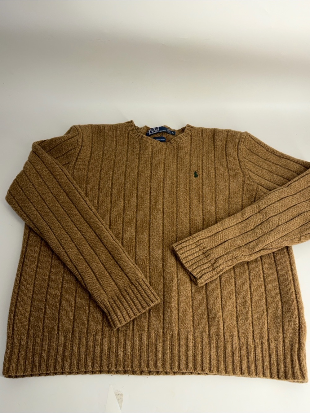 Ralph Lauren Camel Brown Ribbed Wool Crewneck Sweater
